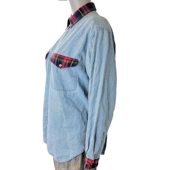 Vintage 90s Plaid Denim Shirt Women Medium Blue Red Button Up Collar Long Sleeve - Picture 5 of 16